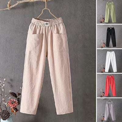 Pantalon décontracté en coton et lin avec taille élastique