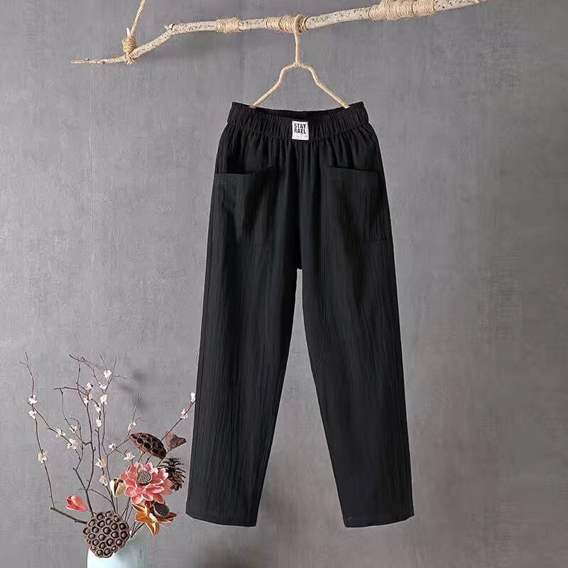 Pantalon décontracté en coton et lin avec taille élastique