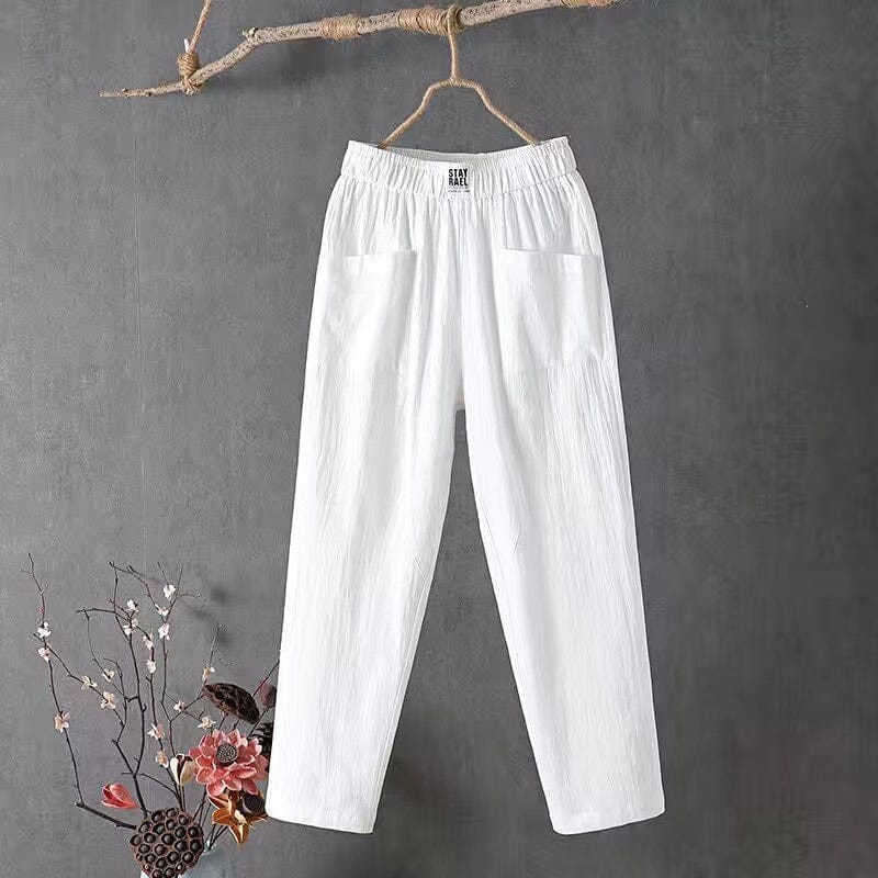 Pantalon décontracté en coton et lin avec taille élastique