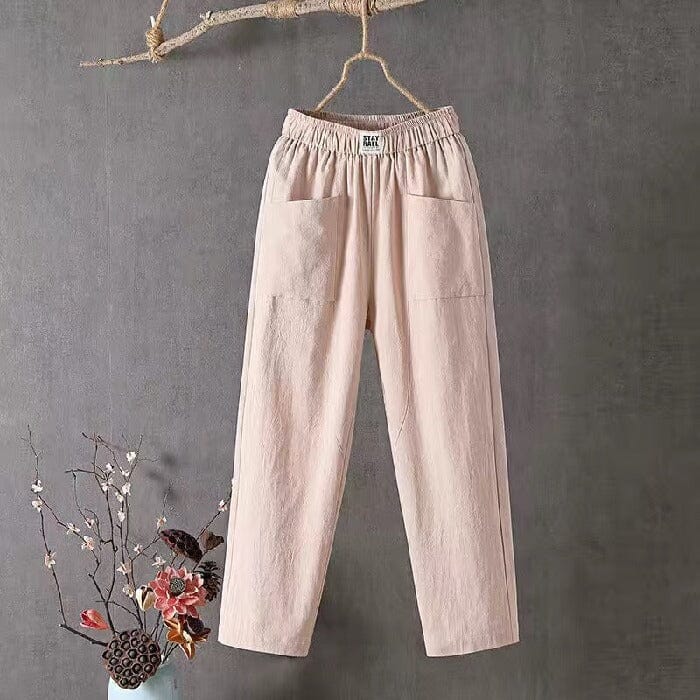 Pantalon décontracté en coton et lin avec taille élastique