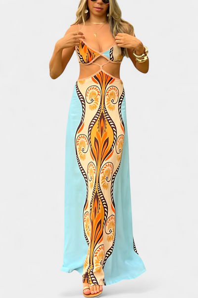 Sytella - Cut-Out Jurk met Abstracte Print en Ontblote Rug