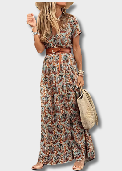 Caitlin - Lange boho-jurk met geplooide taille