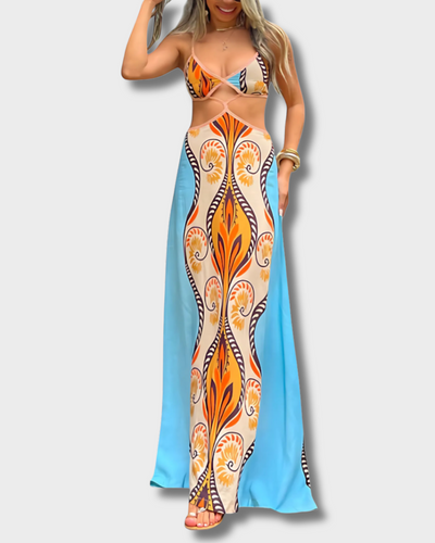 Sytella - Cut-Out Jurk met Abstracte Print en Ontblote Rug