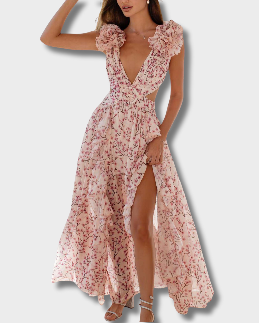 Viola – Maxi-jurk met ruches en bloemenprint