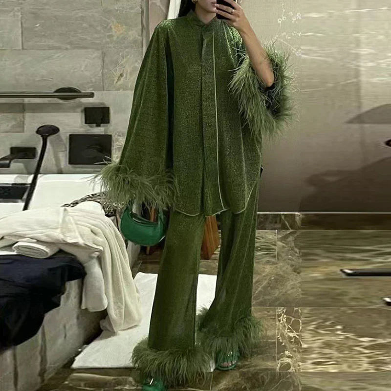 Amara – Feather-Trimmed Loungewear Set